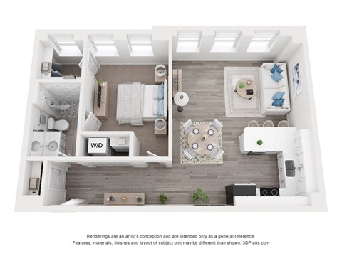 a 3d floor plan of a 1 bedroom apartment